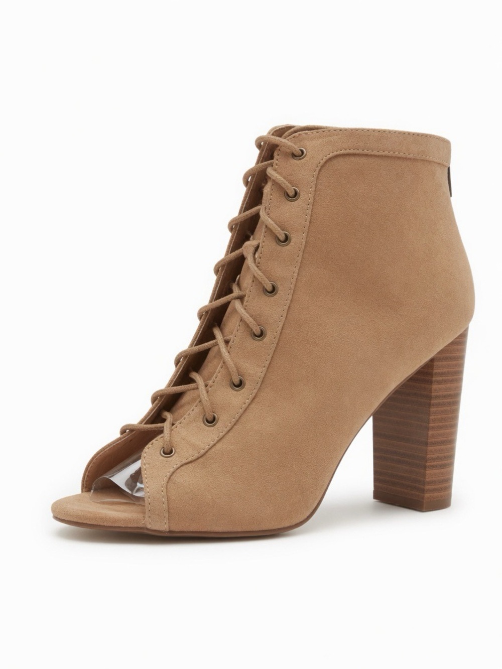Women's Lace-Up Peep Toe Block Heel Ankle Boot in Tan
